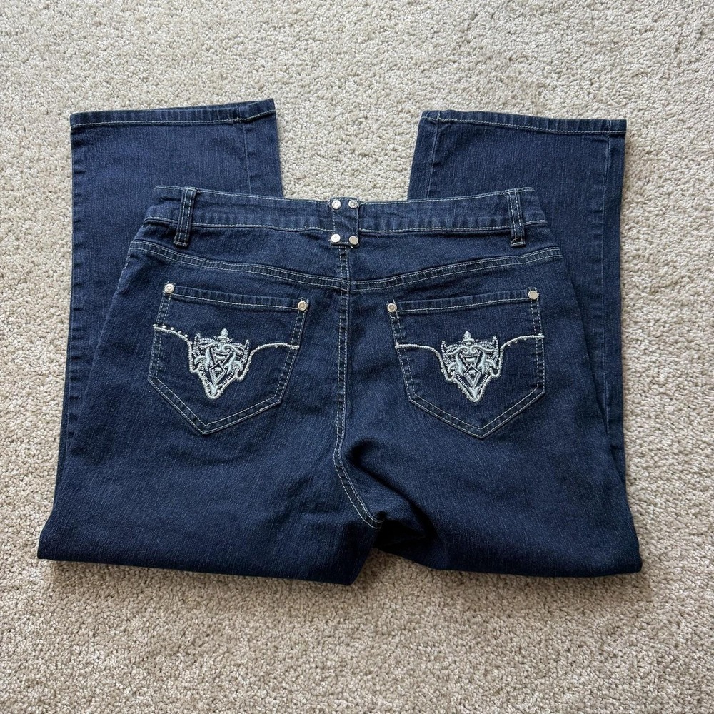 Y2K U-TILT Straight Jeans Womens 10 Dark Wash Blue Embroidered Stretch Denim